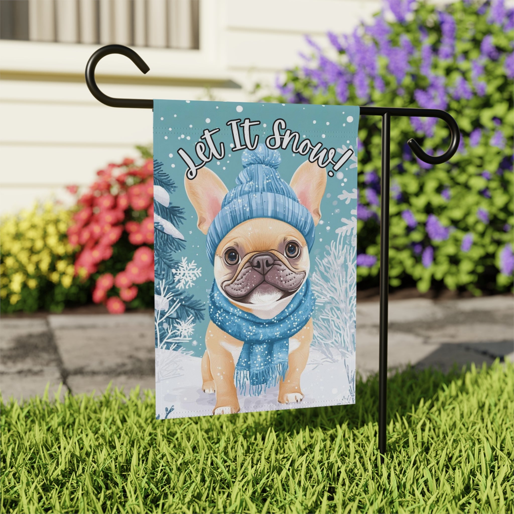 Let It Snow French Bulldog Winter Garden Flag - outdoor display - Dragonfire Gardens