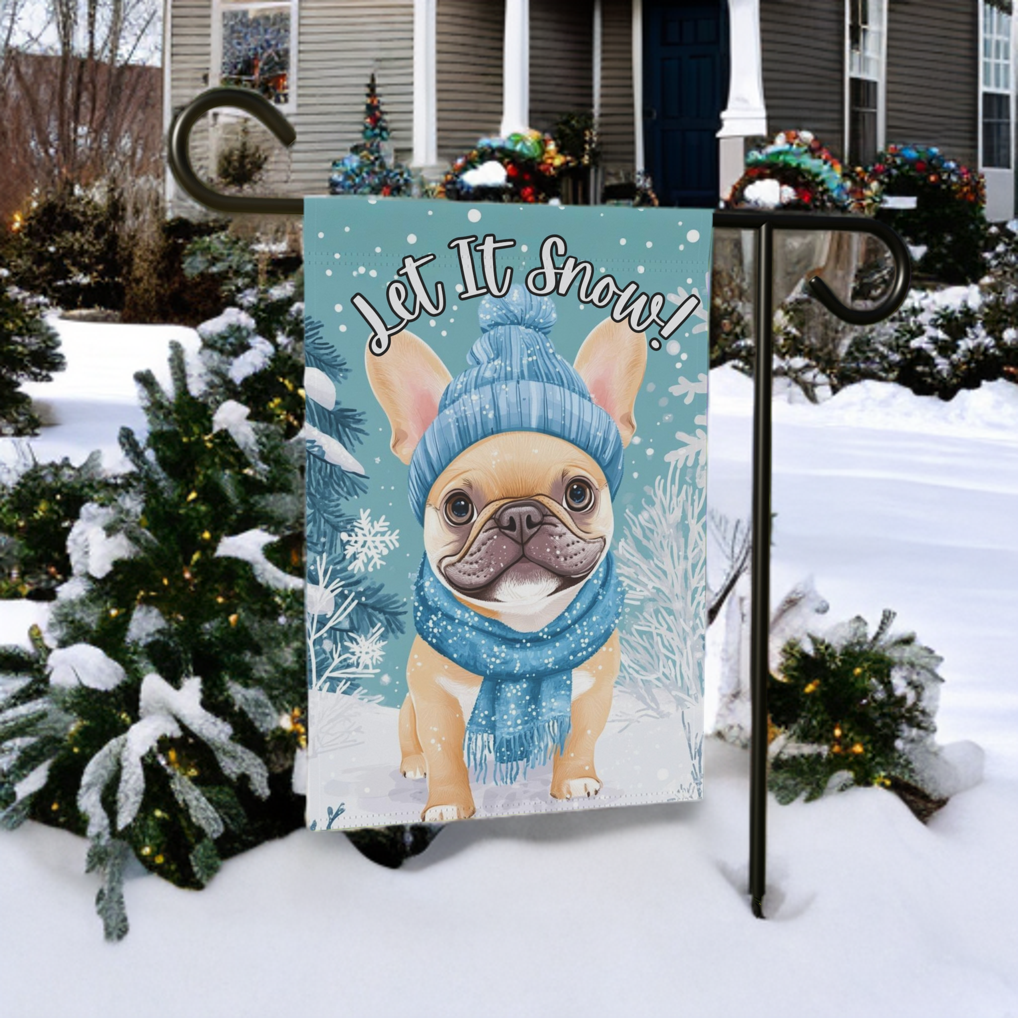 Let It Snow French Bulldog Winter Garden Flag - front view - Dragonfire Gardens