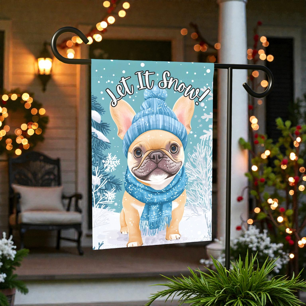 Let It Snow French Bulldog Winter Garden Flag - lifestyle display - Dragonfire Gardens