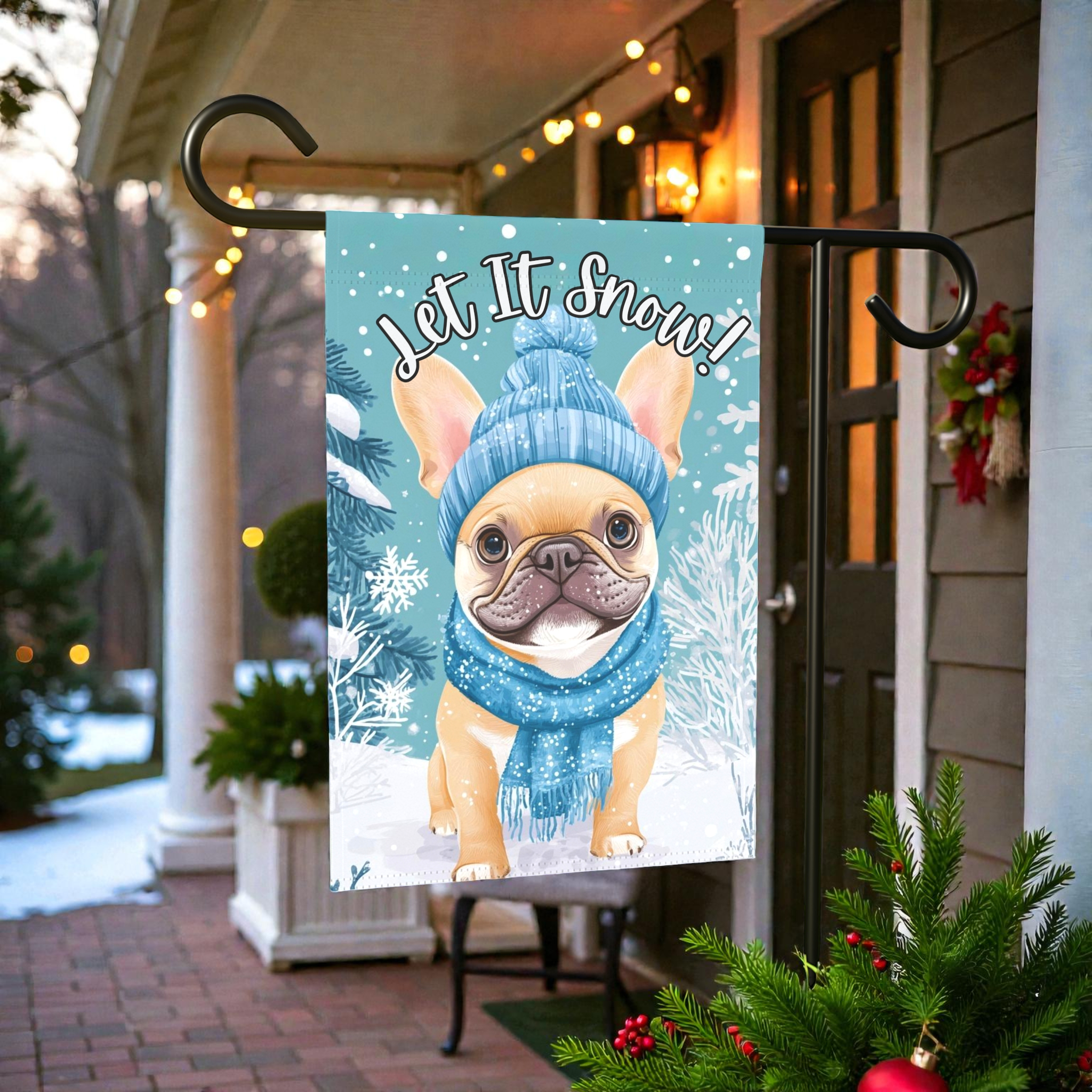 Let It Snow French Bulldog Winter Garden Flag - size comparison - Dragonfire Gardens