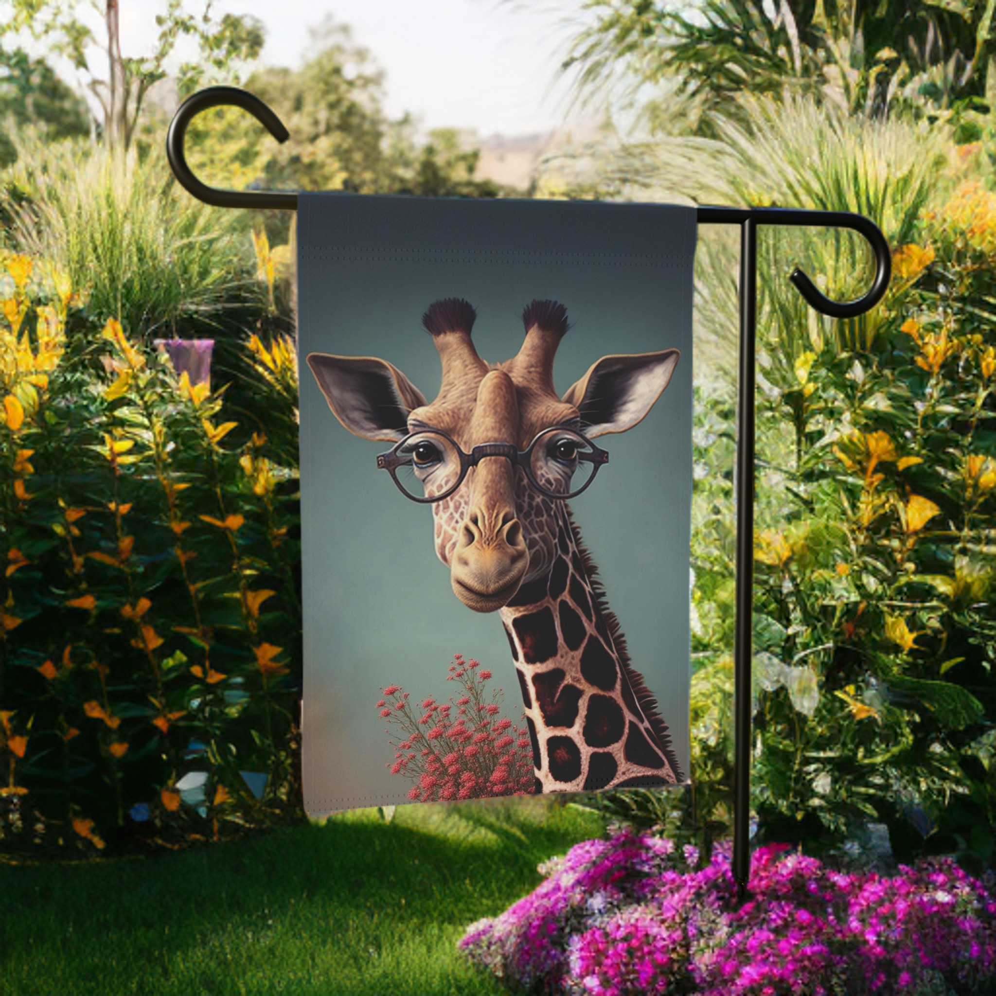 Smart Giraffe Garden Flag - size comparison - Dragonfire Gardens