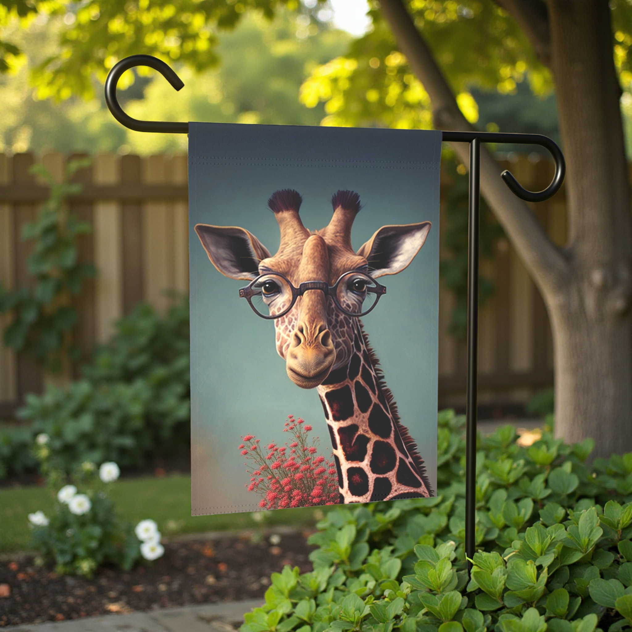 Smart Giraffe Garden Flag - lifestyle display - Dragonfire Gardens