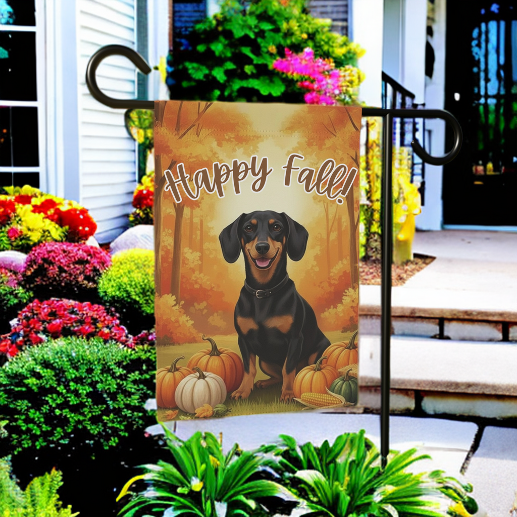 Happy Fall Pumpkin Dachshund Garden Flag - size comparison - Dragonfire Gardens