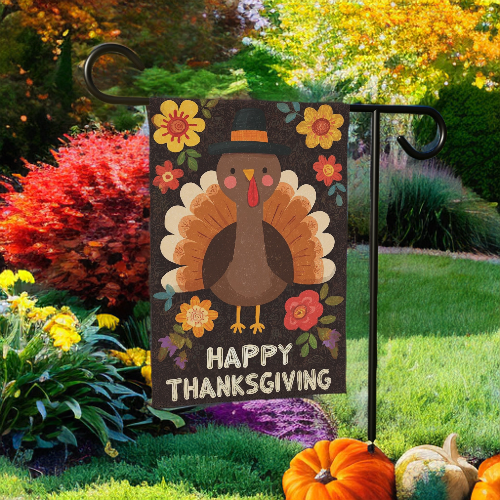 Yellow Flower Turkey Thanksgiving Garden Flag