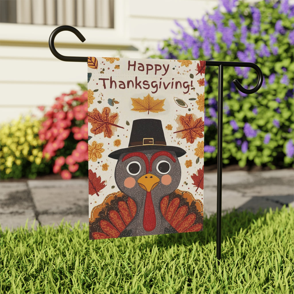 Happy Thanksgiving Pilgrim Hat Turkey Garden Flag - outdoor display - Dragonfire Gardens
