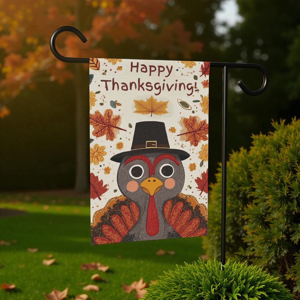 Happy Thanksgiving Pilgrim Hat Turkey Garden Flag - front view - Dragonfire Gardens