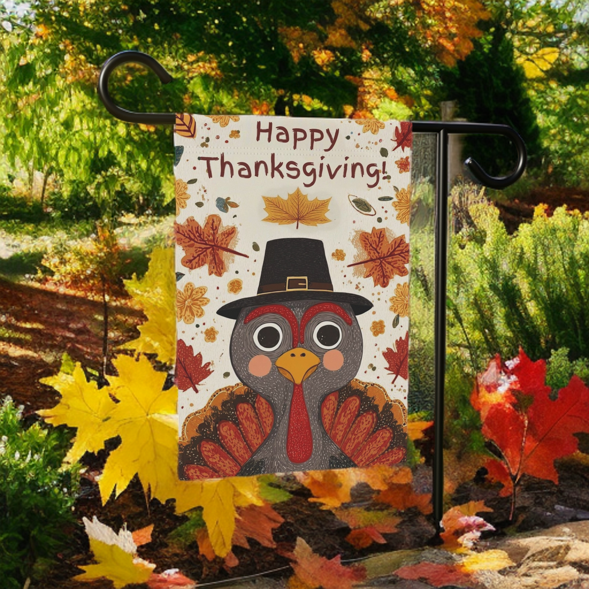 Happy Thanksgiving Pilgrim Hat Turkey Garden Flag - size comparison - Dragonfire Gardens