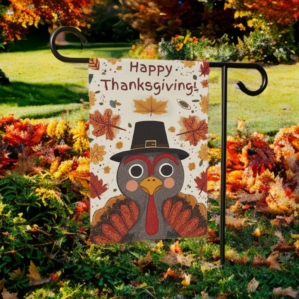 Happy Thanksgiving Pilgrim Hat Turkey Garden Flag - lifestyle display - Dragonfire Gardens