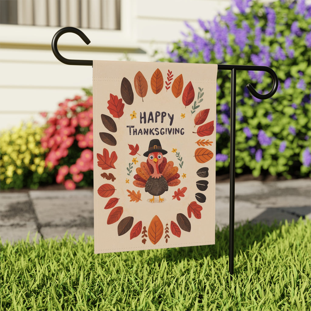 Fall Leaves and Turkey Thanksgiving Garden Flag - outdoor display - Dragonfire Gardens