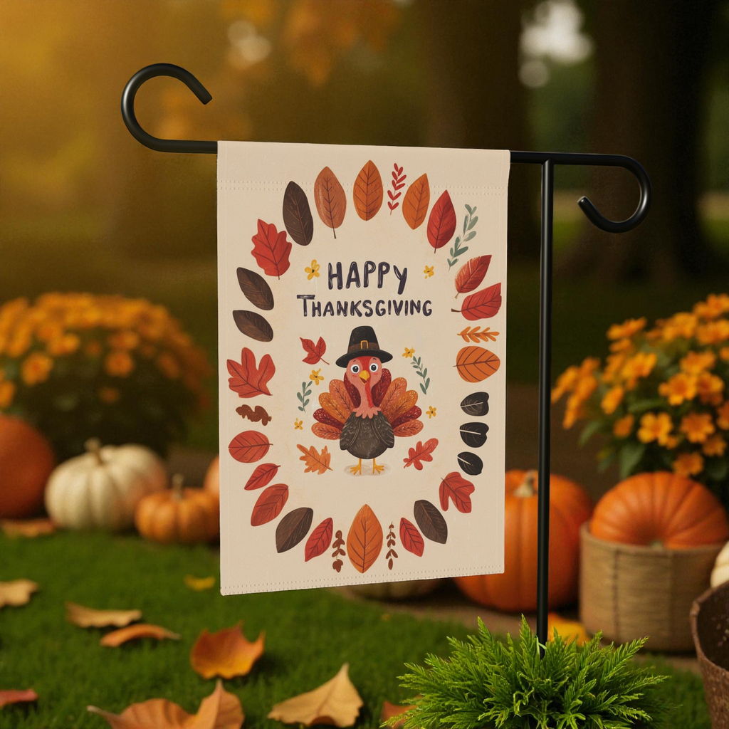 Fall Leaves and Turkey Thanksgiving Garden Flag - front view - Dragonfire Gardens