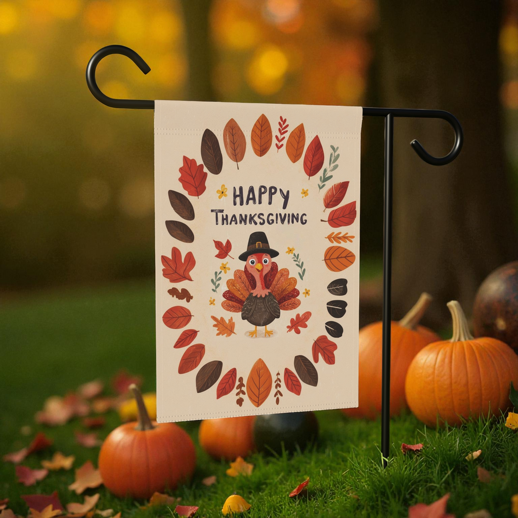 Fall Leaves and Turkey Thanksgiving Garden Flag - size comparison - Dragonfire Gardens