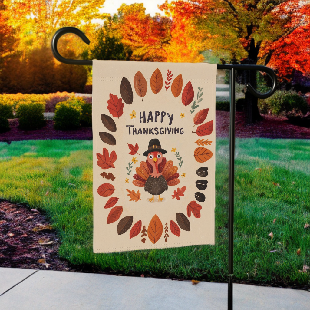 Fall Leaves and Turkey Thanksgiving Garden Flag - lifestyle display - Dragonfire Gardens