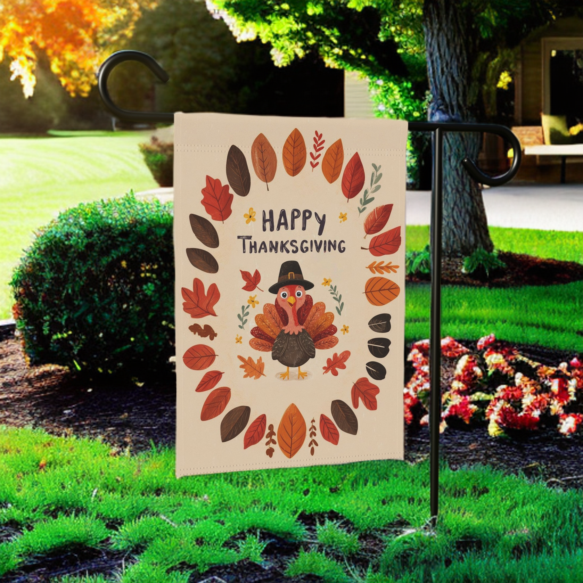 Fall Leaves and Turkey Thanksgiving Garden Flag - product detail - Dragonfire Gardens