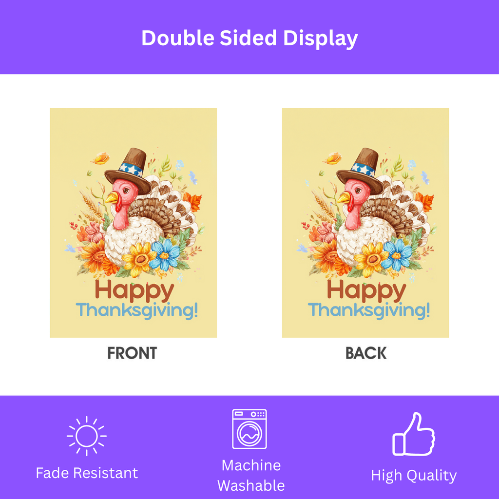 Happy Thanksgiving Turkey in Flowers Garden Flag - double-sided design - Dragonfire Gardens