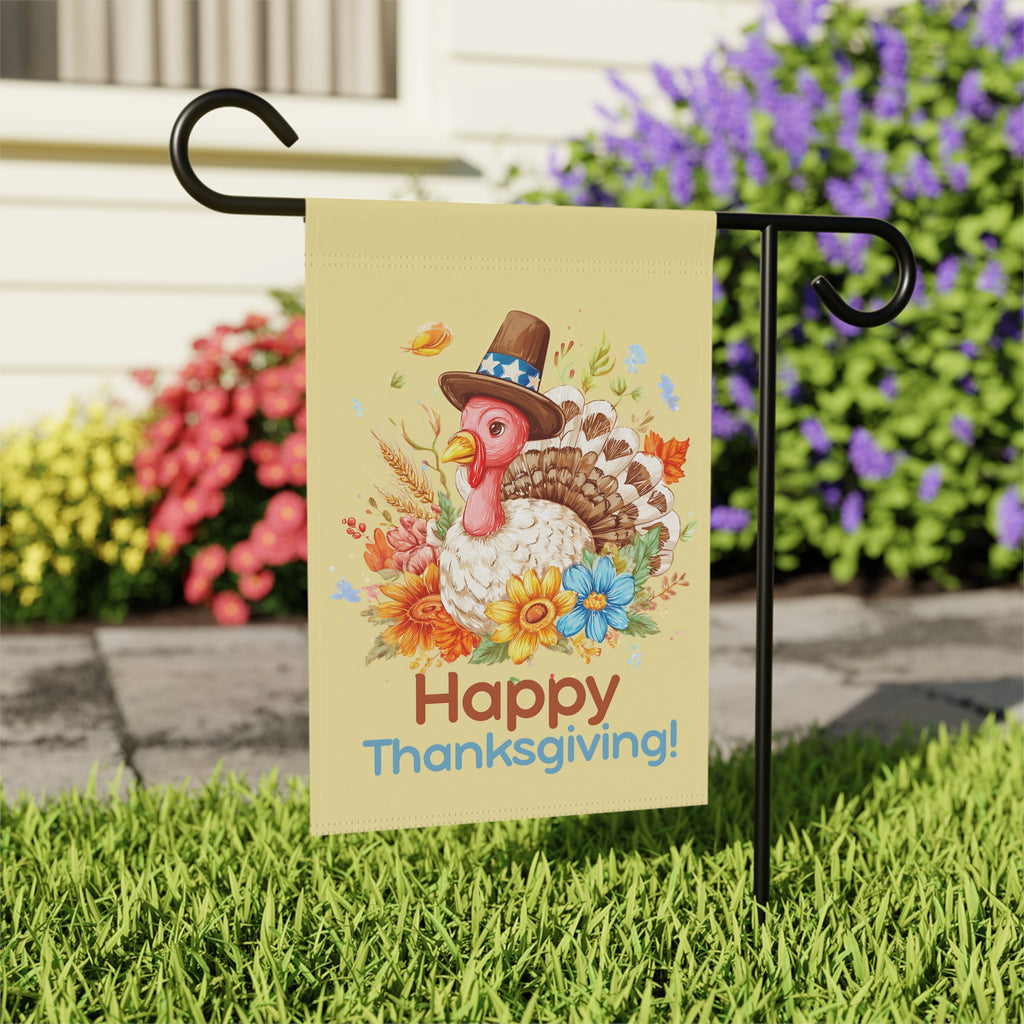 Happy Thanksgiving Turkey in Flowers Garden Flag - outdoor display - Dragonfire Gardens