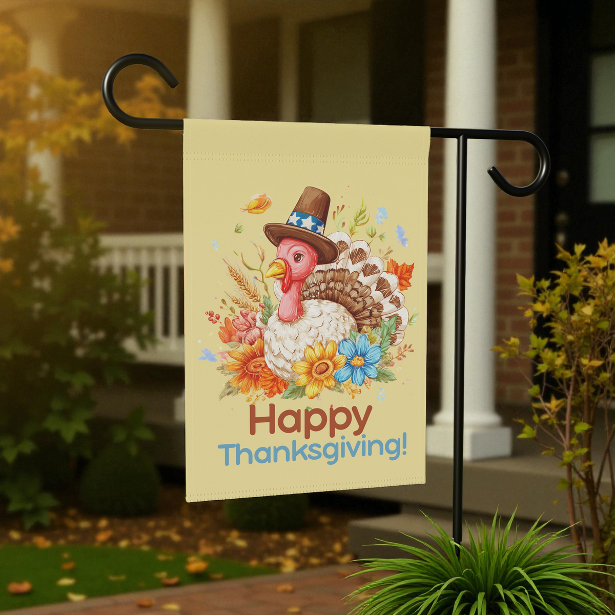 Happy Thanksgiving Turkey in Flowers Garden Flag - lifestyle display - Dragonfire Gardens