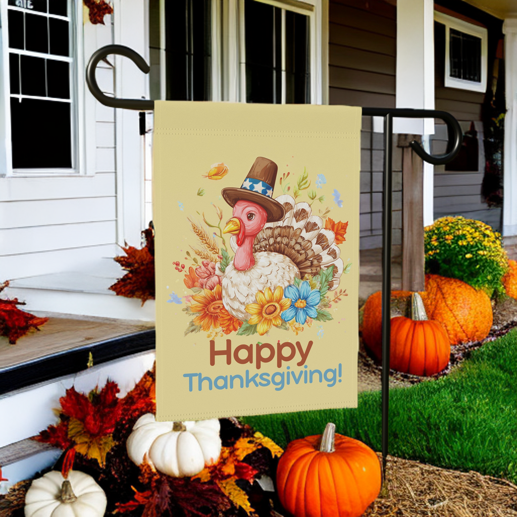 Happy Thanksgiving Turkey in Flowers Garden Flag - front view - Dragonfire Gardens