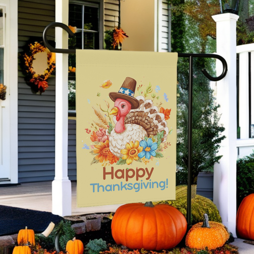 Happy Thanksgiving Turkey in Flowers Garden Flag - size comparison - Dragonfire Gardens