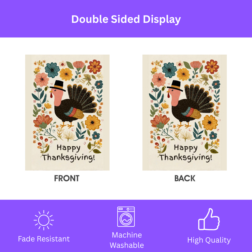Happy Thanksgiving Fall Flowers and Turkey Garden Flag - double-sided design - Dragonfire Gardens