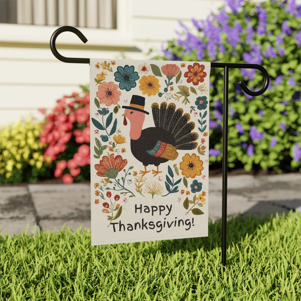 Happy Thanksgiving Fall Flowers and Turkey Garden Flag - outdoor display - Dragonfire Gardens