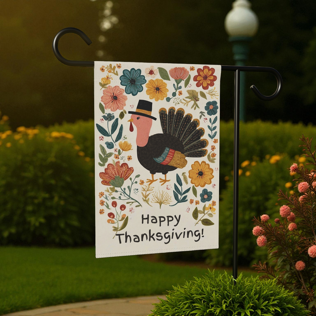 Happy Thanksgiving Fall Flowers and Turkey Garden Flag - size comparison - Dragonfire Gardens