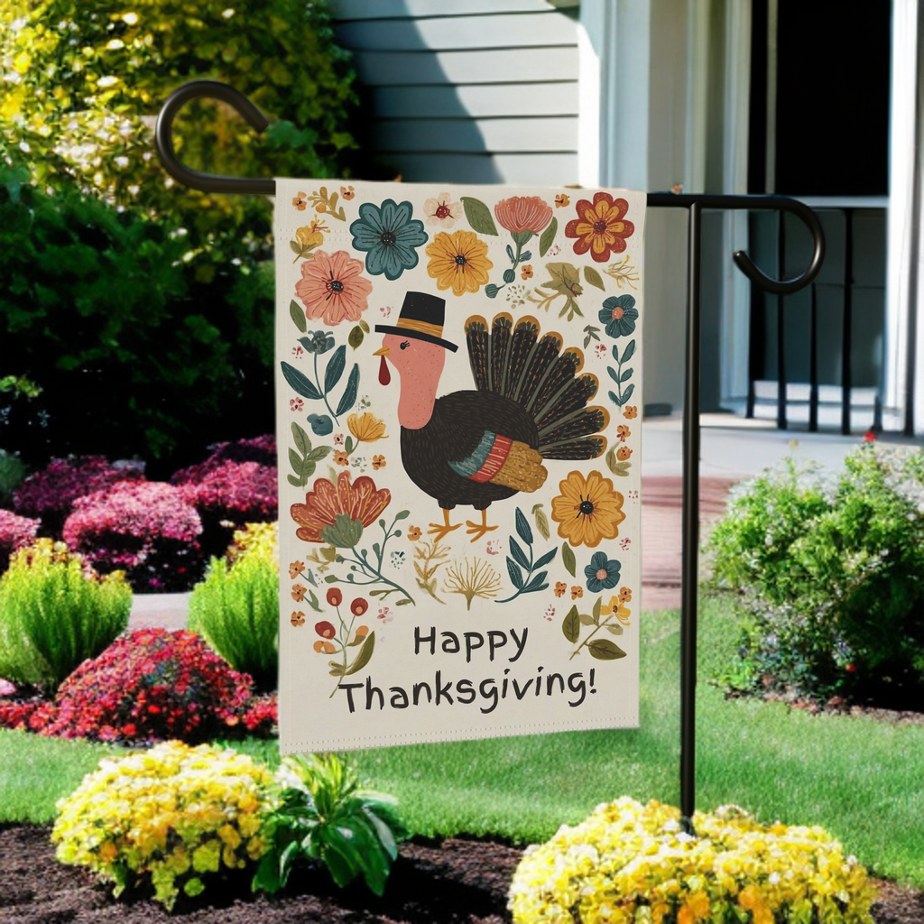 Happy Thanksgiving Fall Flowers and Turkey Garden Flag - front view - Dragonfire Gardens