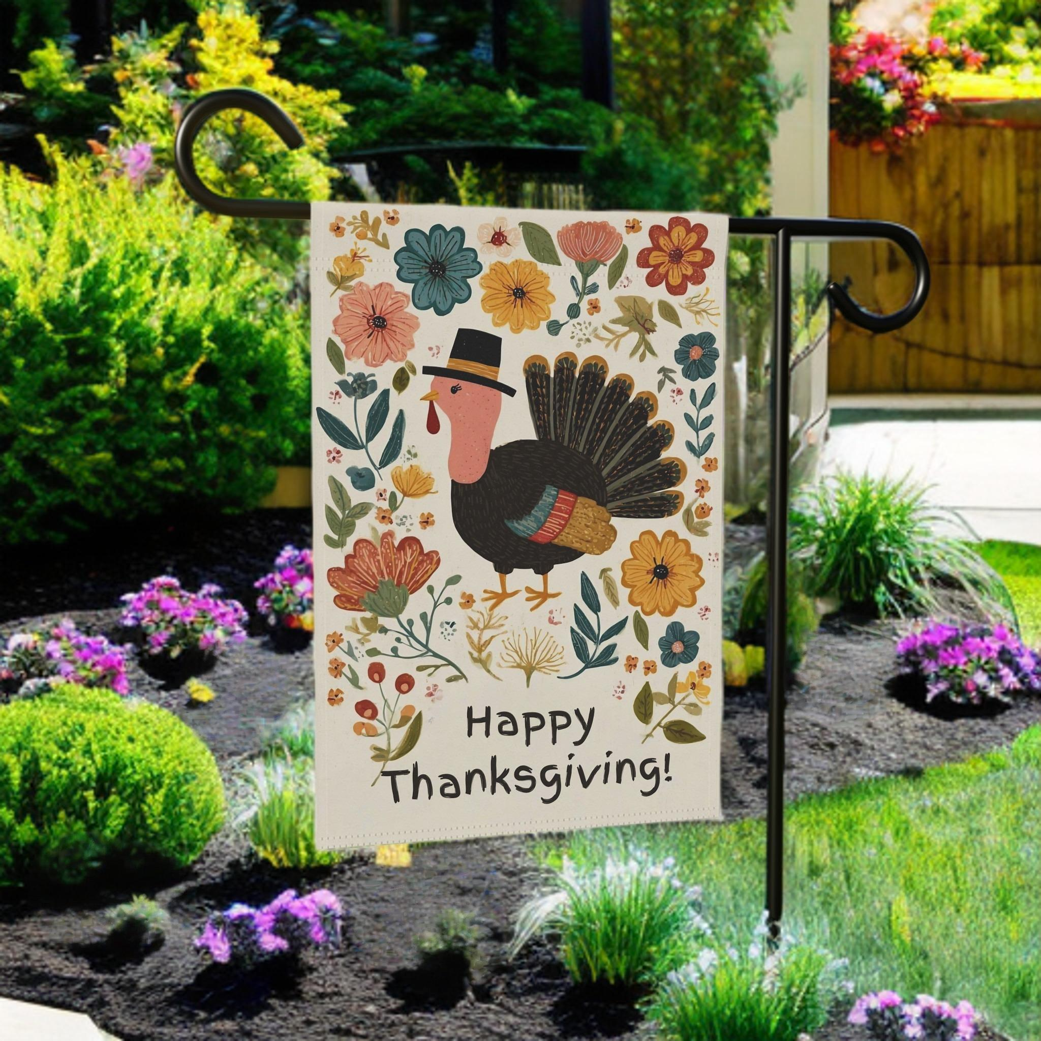 Happy Thanksgiving Fall Flowers and Turkey Garden Flag - lifestyle display - Dragonfire Gardens