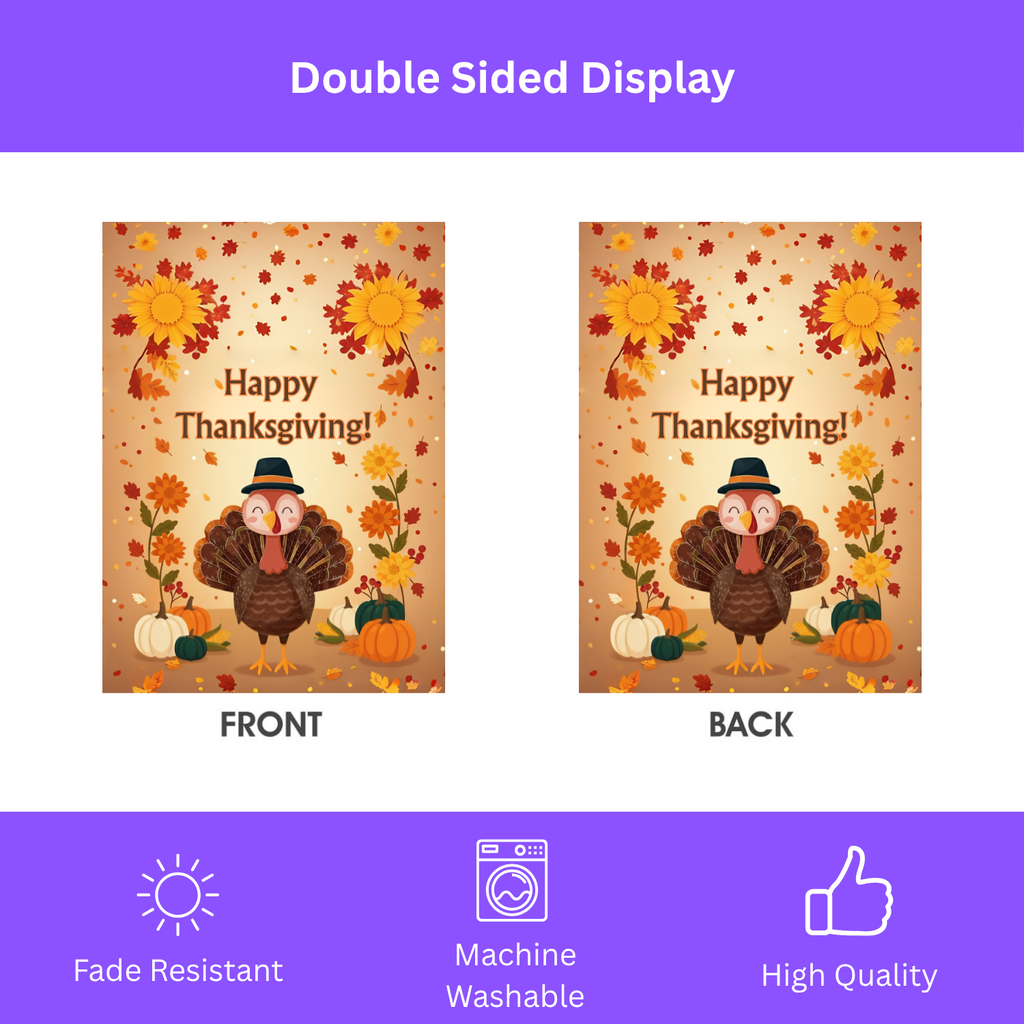 Happy Thanksgiving Cute Turkey Garden Flag - double-sided design - Dragonfire Gardens