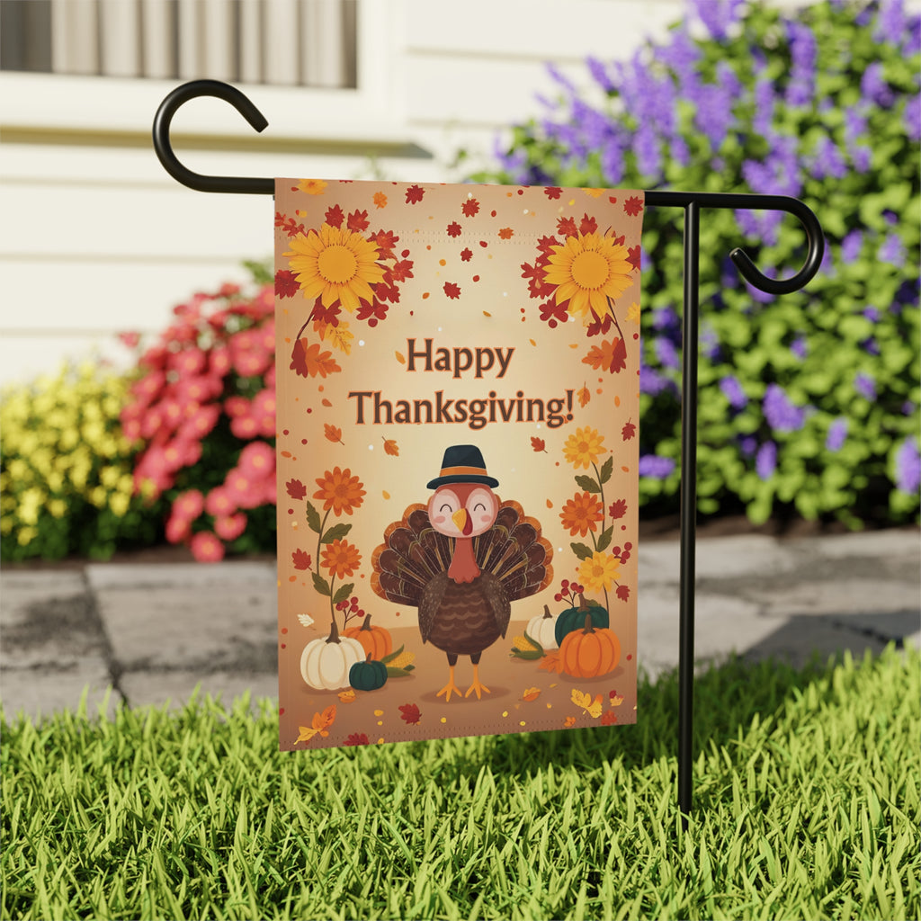 Happy Thanksgiving Cute Turkey Garden Flag - outdoor display - Dragonfire Gardens