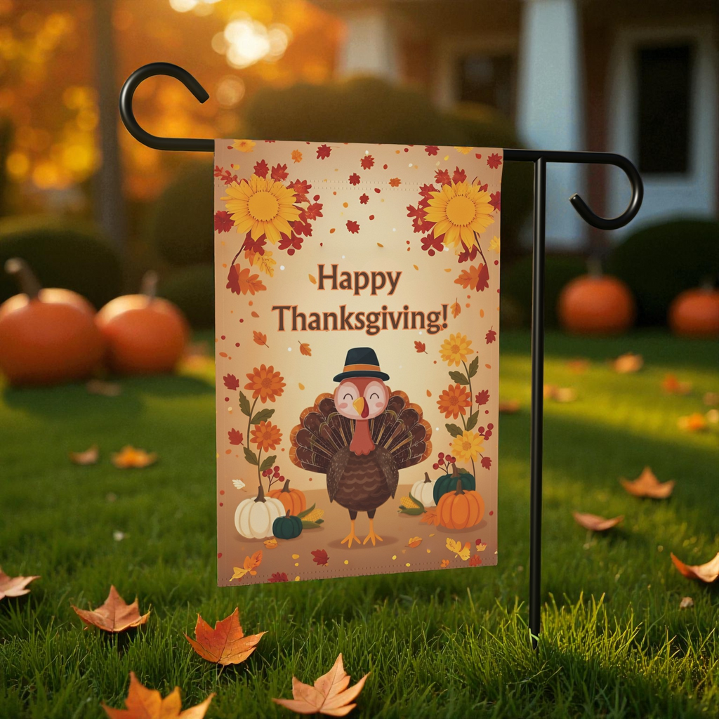 Happy Thanksgiving Cute Turkey Garden Flag - size comparison - Dragonfire Gardens