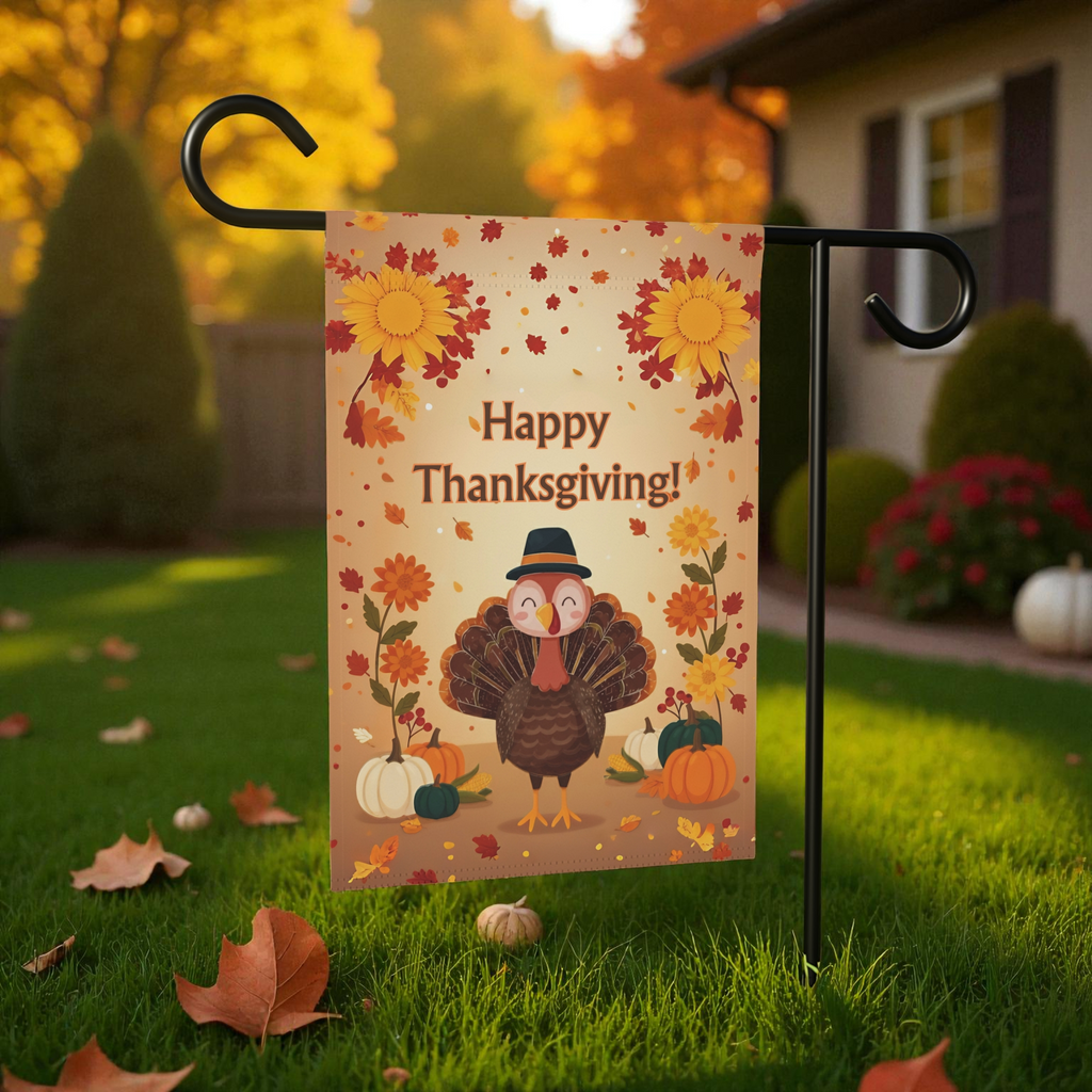 Happy Thanksgiving Cute Turkey Garden Flag - lifestyle display - Dragonfire Gardens