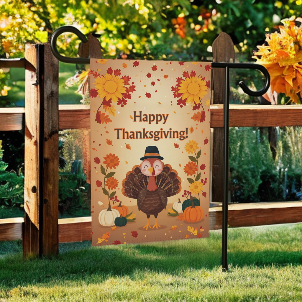 Happy Thanksgiving Cute Turkey Garden Flag - front view - Dragonfire Gardens