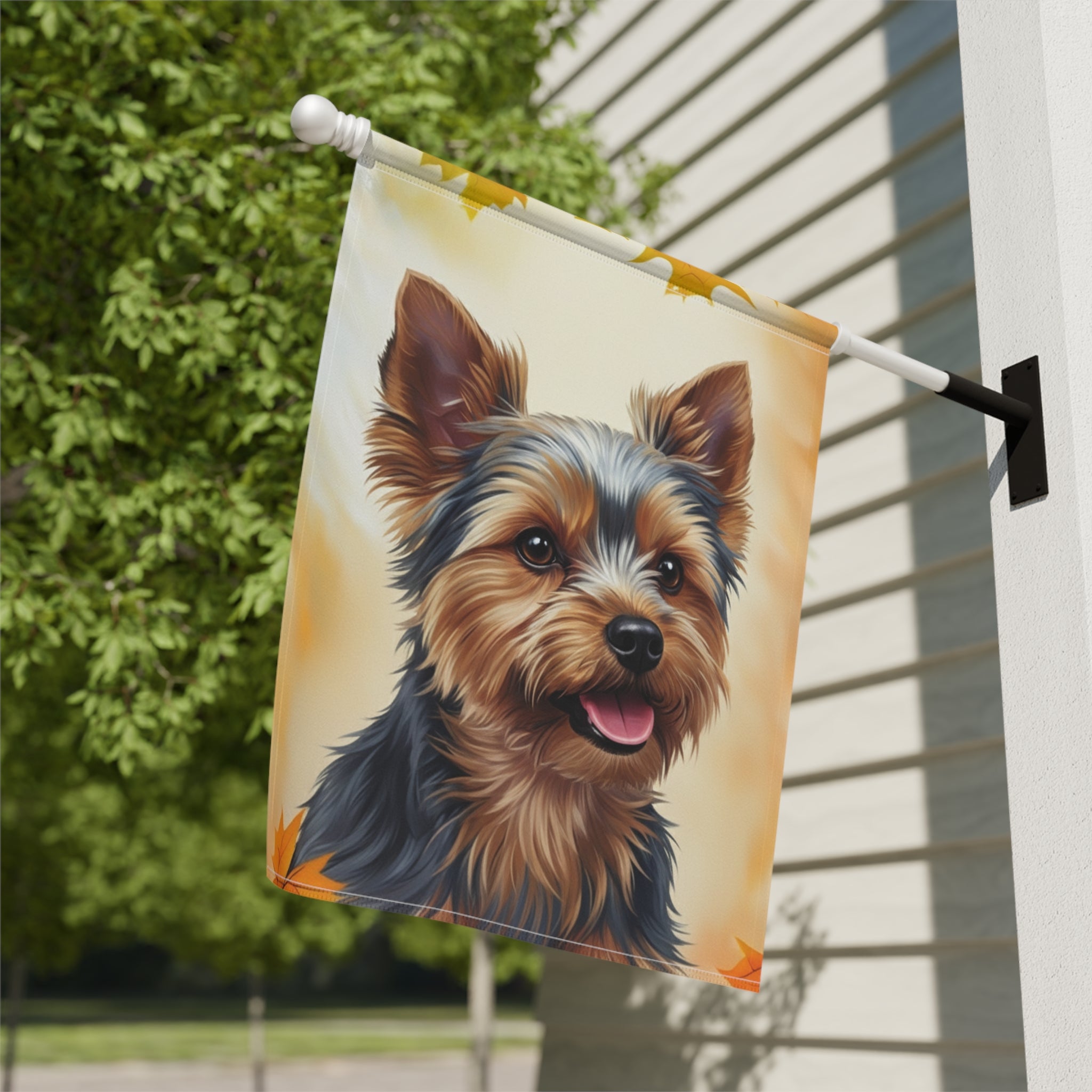 Fall Colors Yorkshire Terrier Garden Flag - close-up detail - Dragonfire Gardens