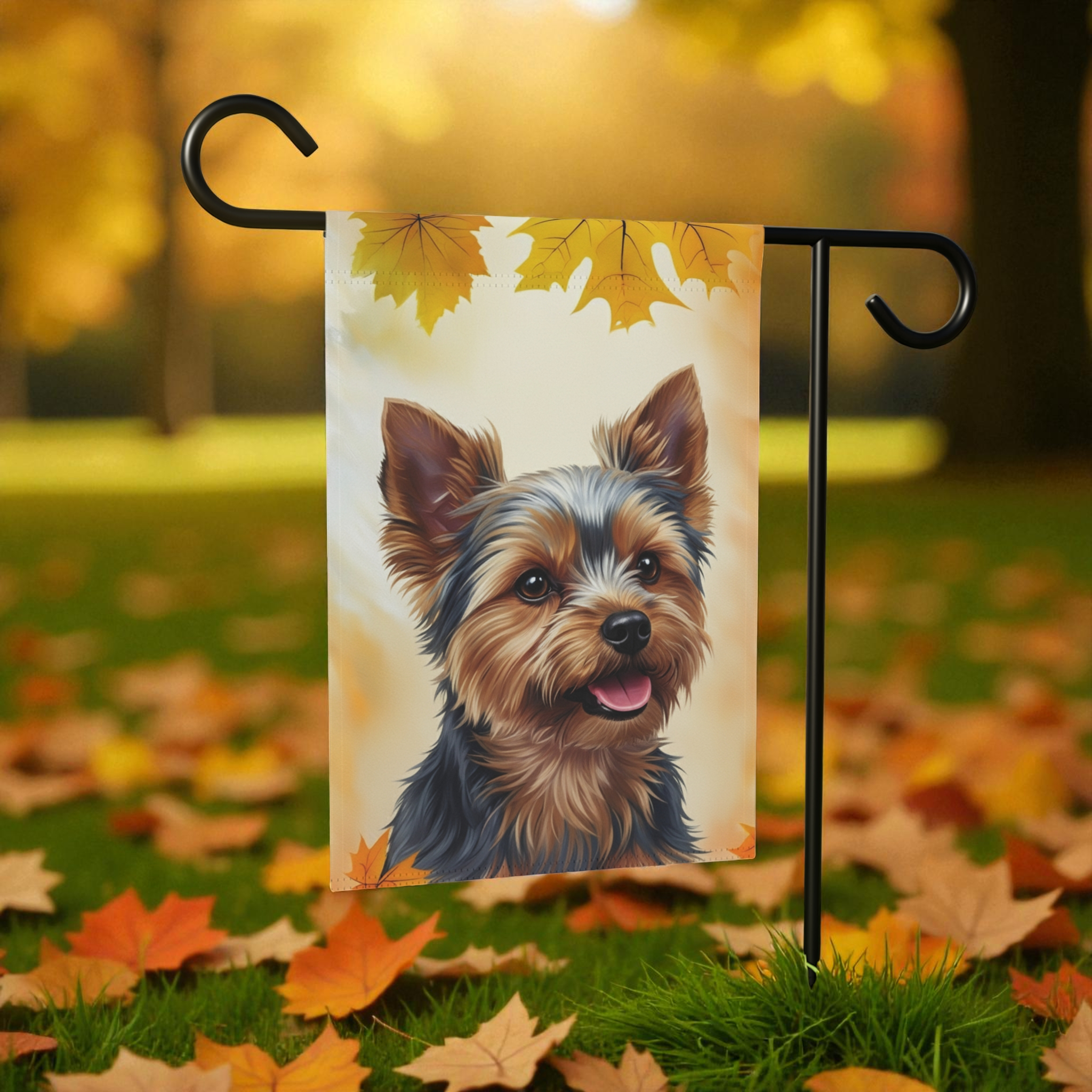 Fall Colors Yorkshire Terrier Garden Flag - size comparison - Dragonfire Gardens