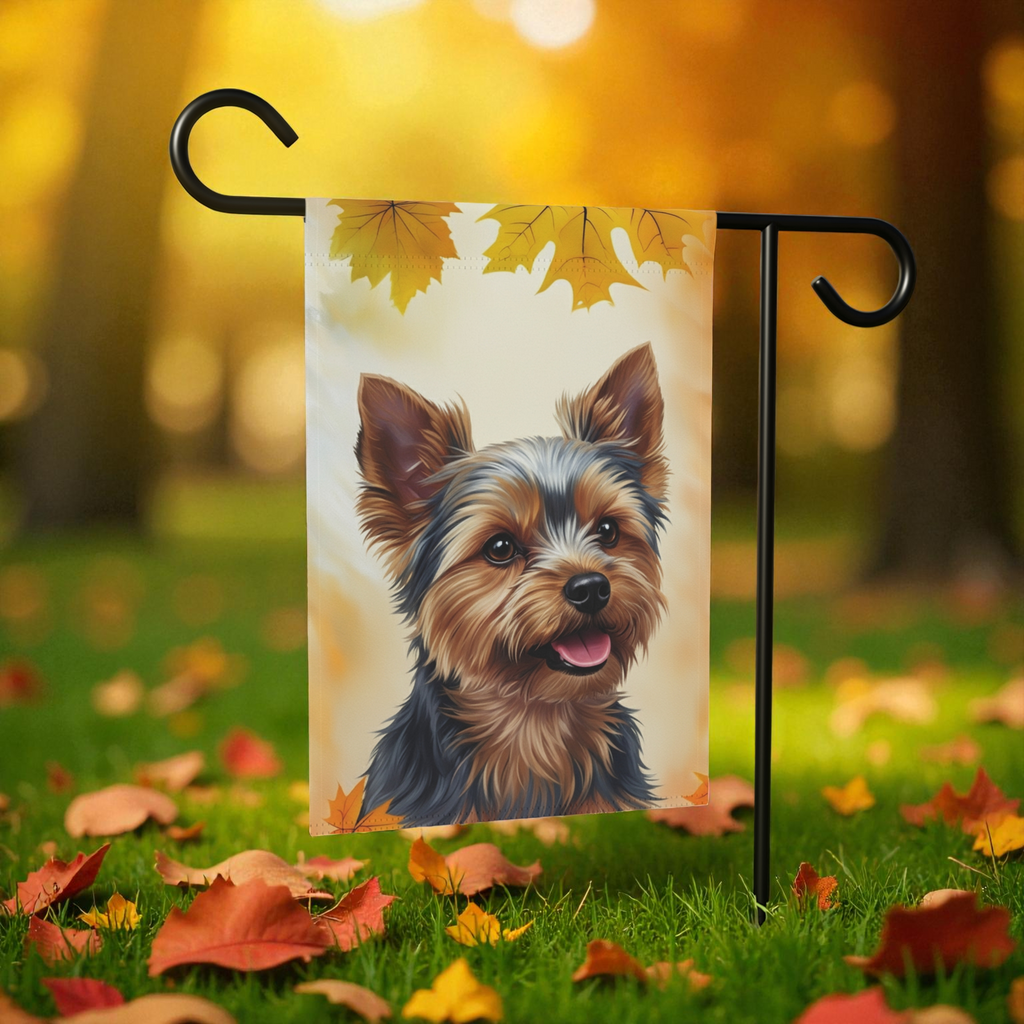 Fall Colors Yorkshire Terrier Garden Flag - lifestyle display - Dragonfire Gardens