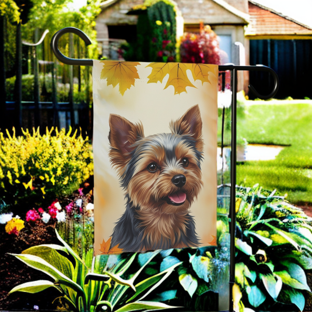 Fall Colors Yorkshire Terrier Garden Flag - front view - Dragonfire Gardens