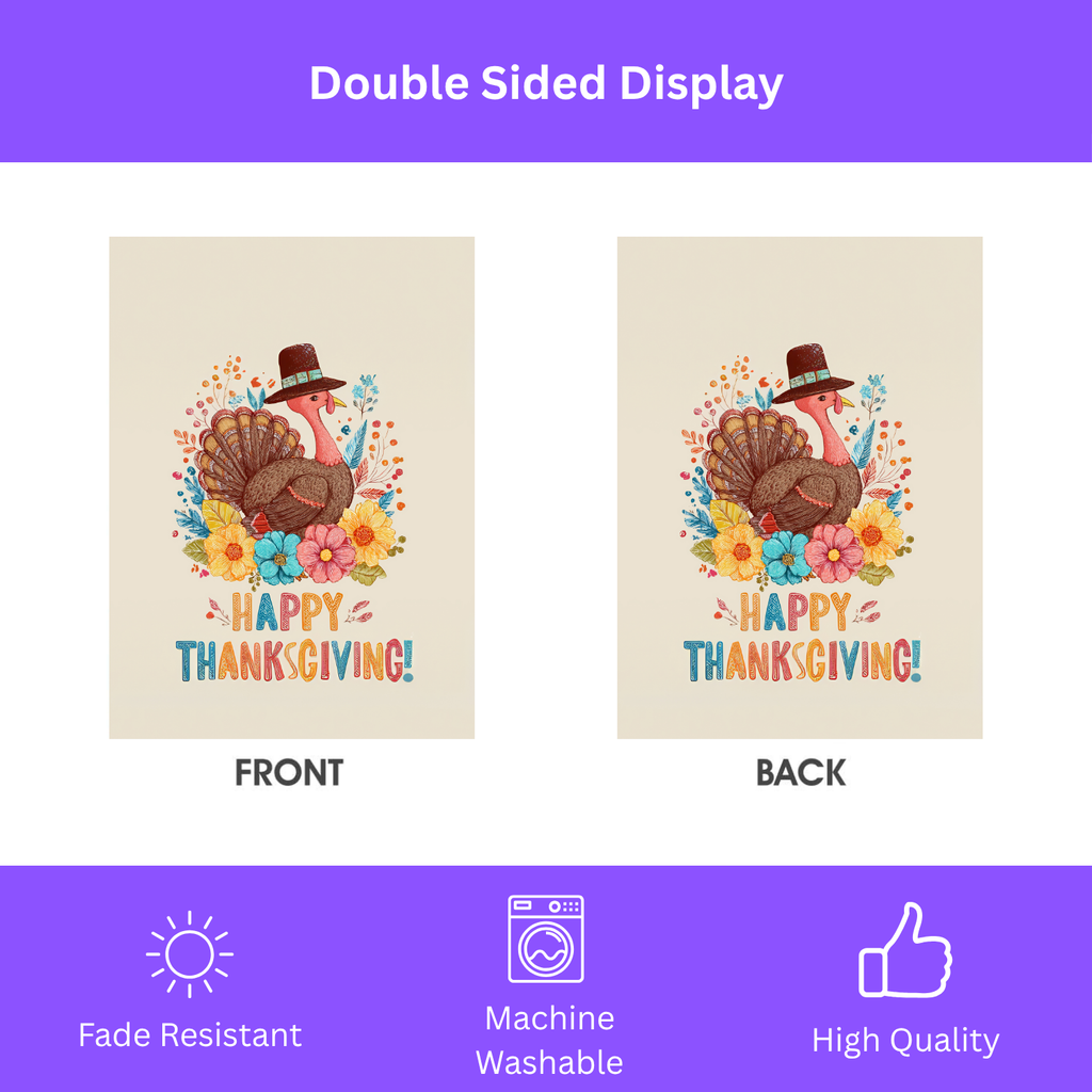 Happy Thanksgiving Colorful Turkey Garden Flag - double-sided design - Dragonfire Gardens