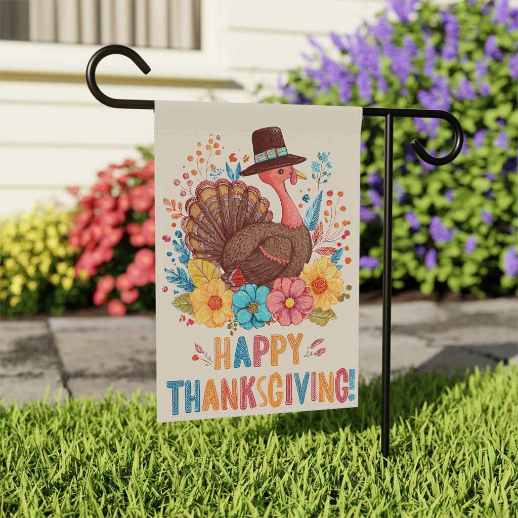 Happy Thanksgiving Colorful Turkey Garden Flag - outdoor display - Dragonfire Gardens