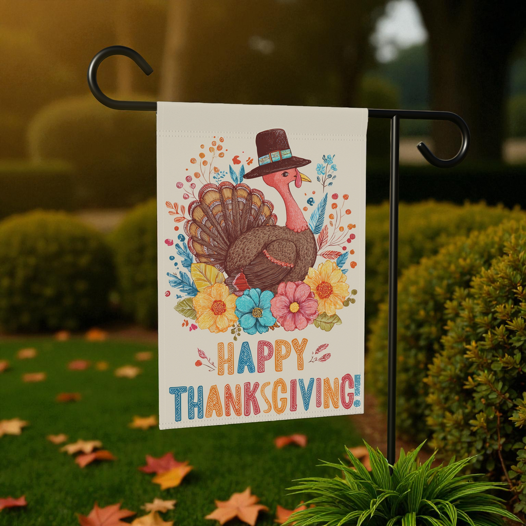 Happy Thanksgiving Colorful Turkey Garden Flag - size comparison - Dragonfire Gardens