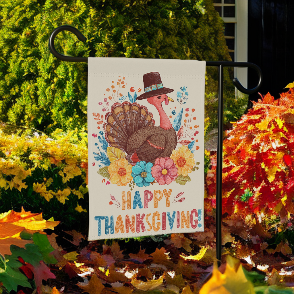 Happy Thanksgiving Colorful Turkey Garden Flag - lifestyle display - Dragonfire Gardens