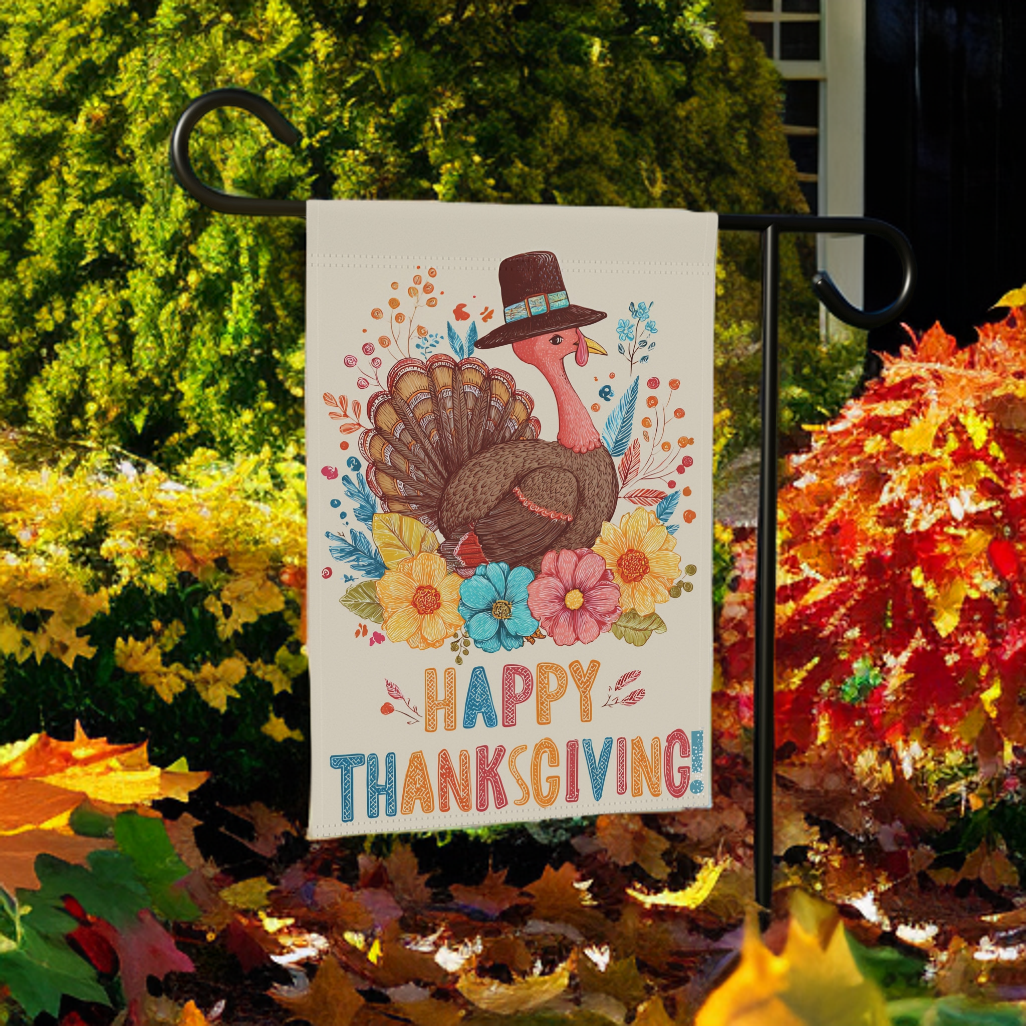 Happy Thanksgiving Colorful Turkey Garden Flag - lifestyle display - Dragonfire Gardens