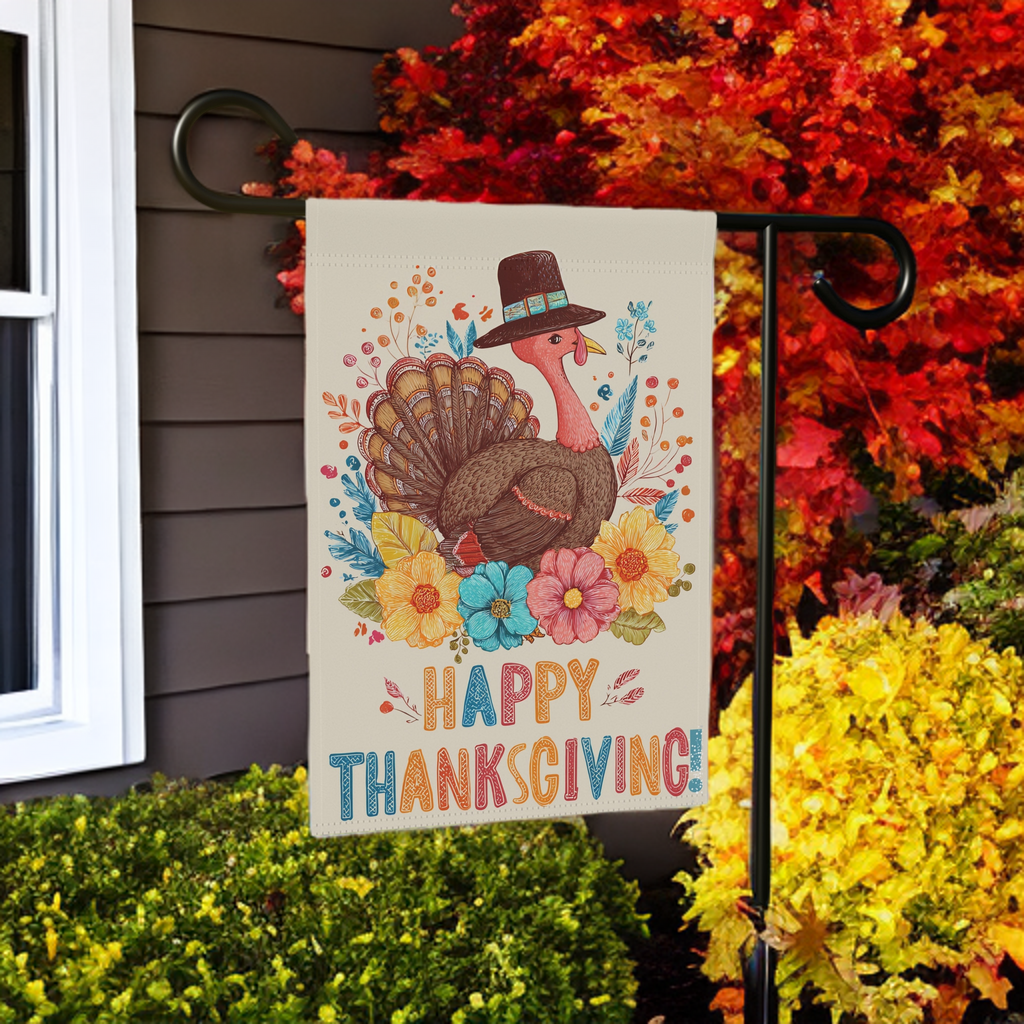 Happy Thanksgiving Colorful Turkey Garden Flag - front view - Dragonfire Gardens