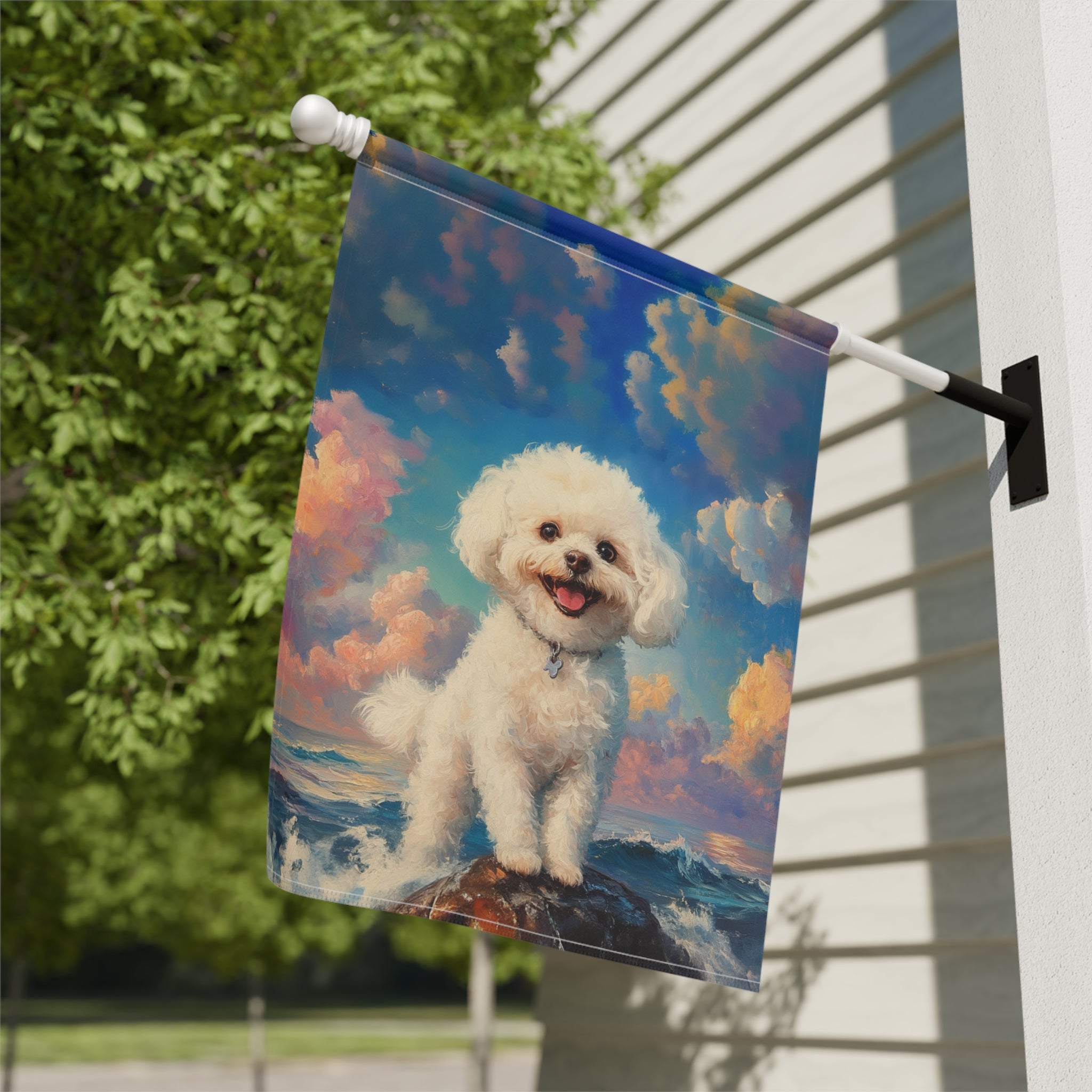 Sea Rock Bichon Frise Garden Flag - close-up detail - Dragonfire Gardens