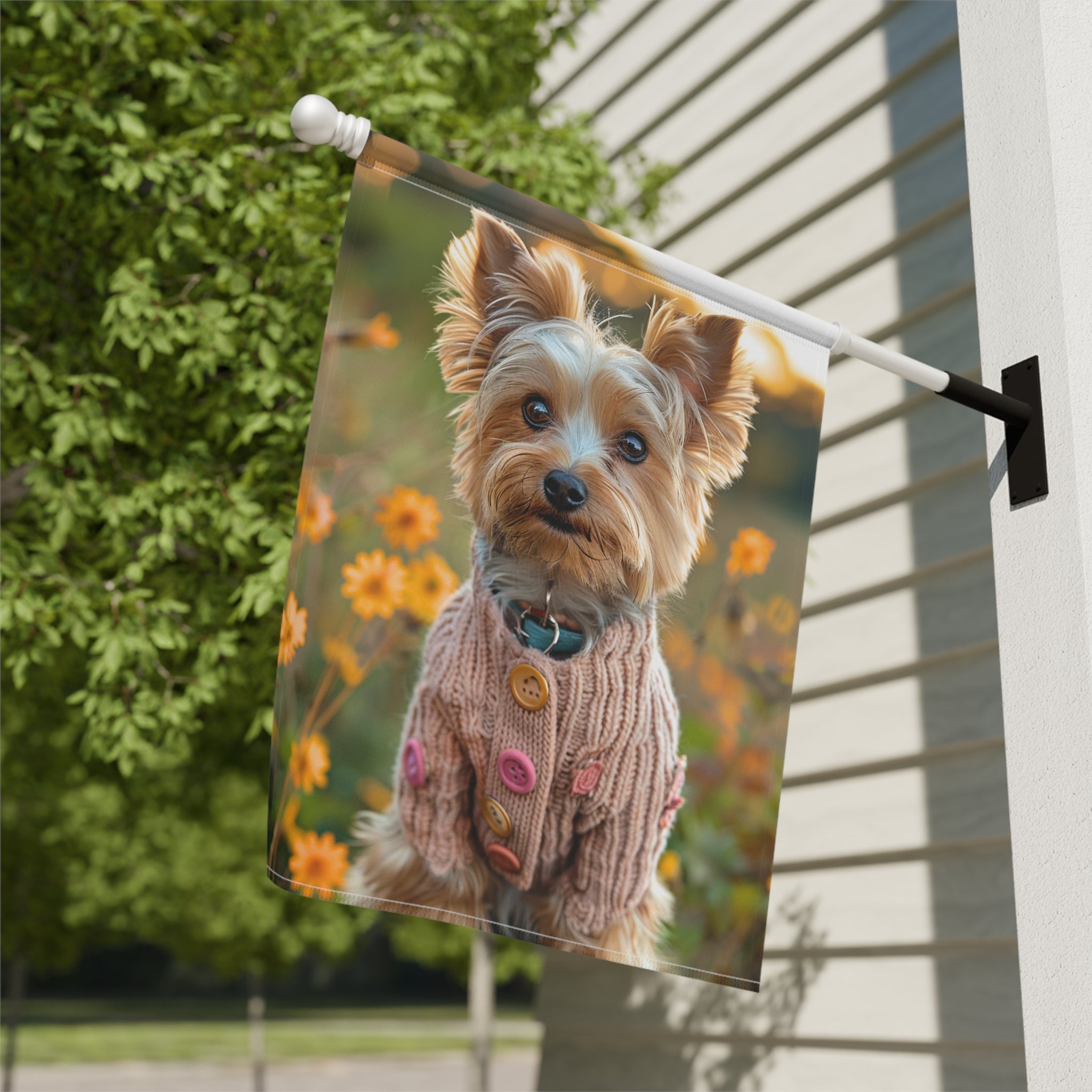 Pink Sweater Yorkshire Terrier Garden Flag - close-up detail - Dragonfire Gardens