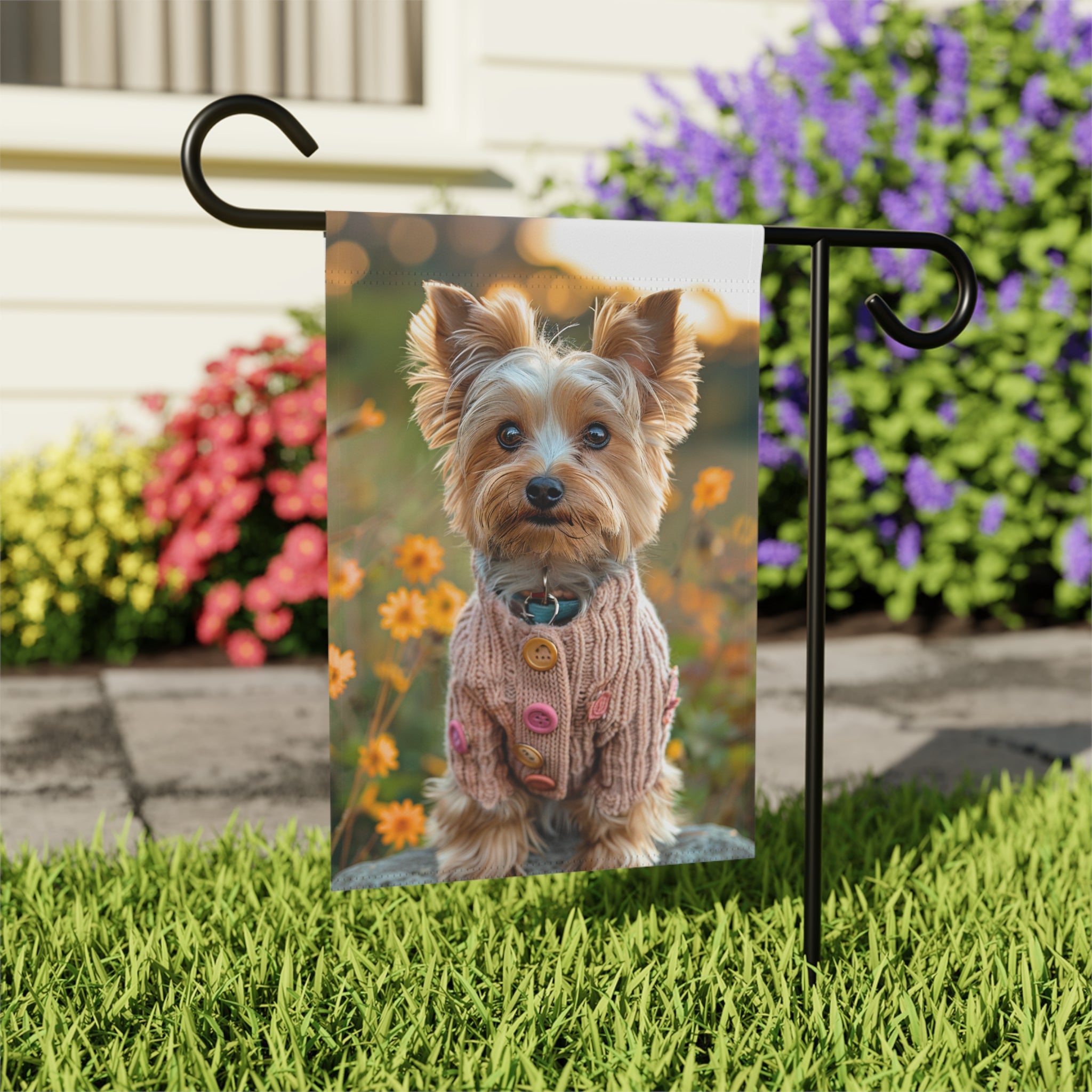 Pink Sweater Yorkshire Terrier Garden Flag - outdoor display - Dragonfire Gardens