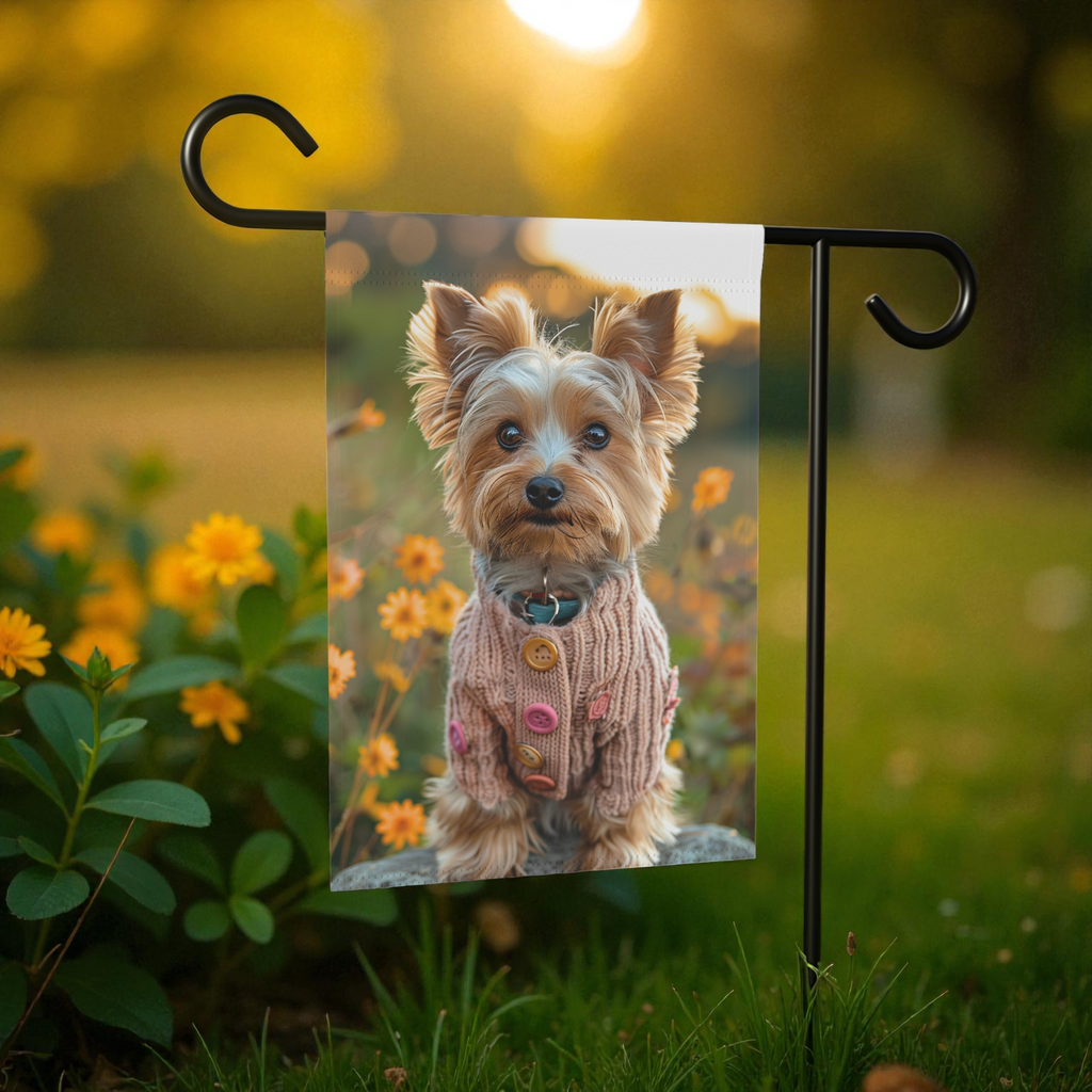 Pink Sweater Yorkshire Terrier Garden Flag - front view - Dragonfire Gardens
