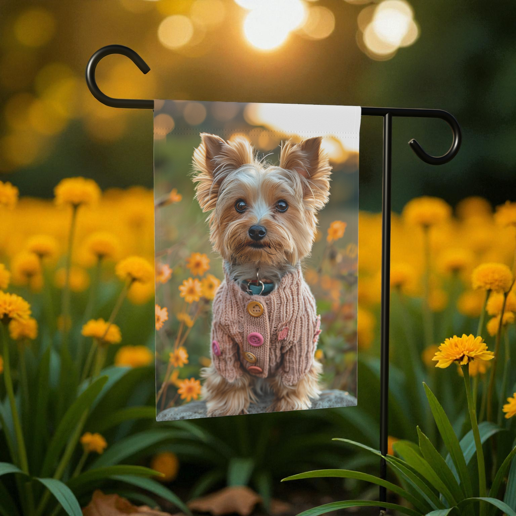 Pink Sweater Yorkshire Terrier Garden Flag - size comparison - Dragonfire Gardens