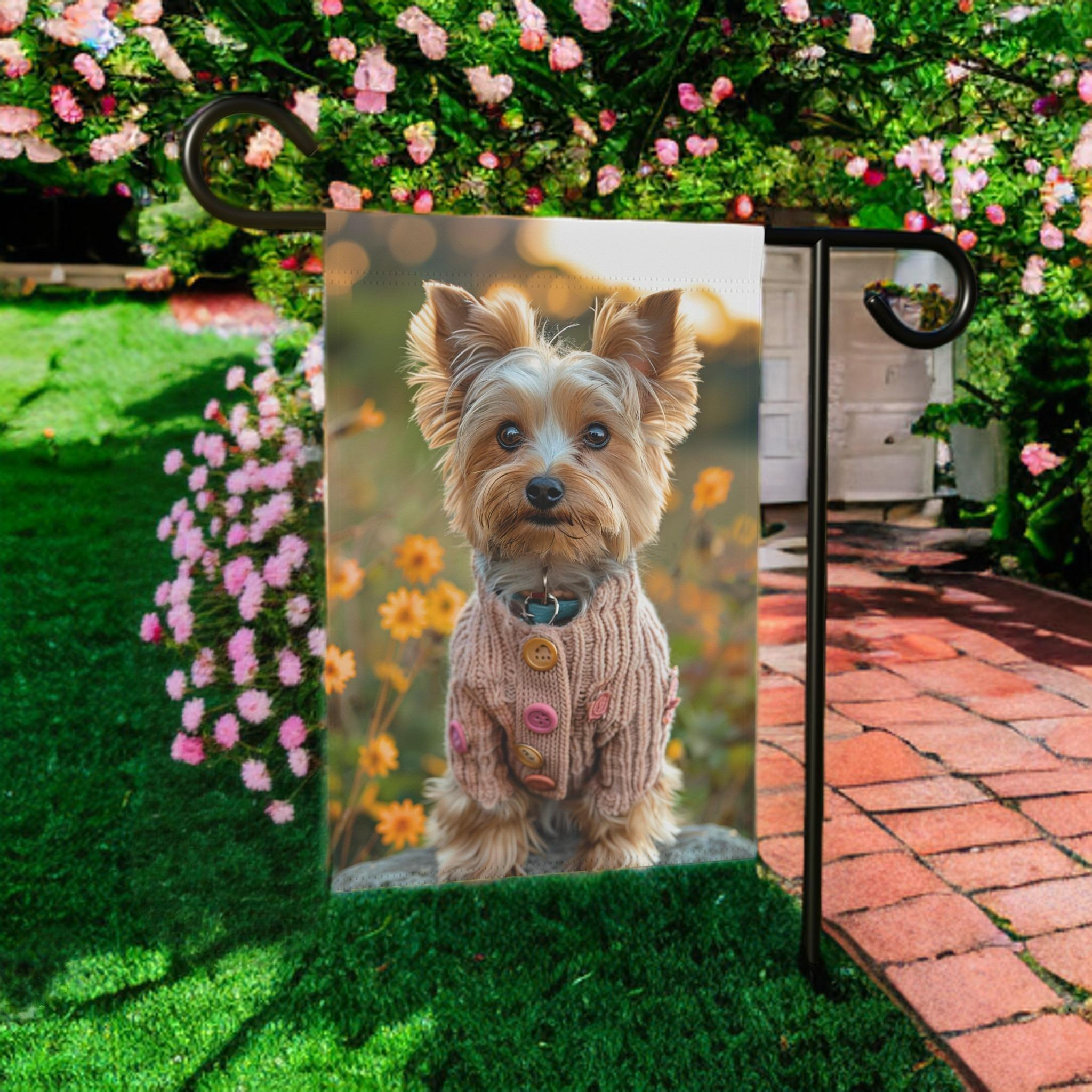 Pink Sweater Yorkshire Terrier Garden Flag - lifestyle display - Dragonfire Gardens