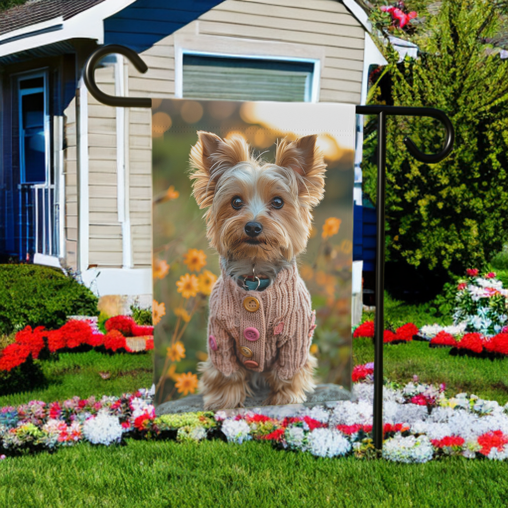 Pink Sweater Yorkshire Terrier Garden Flag - product detail - Dragonfire Gardens
