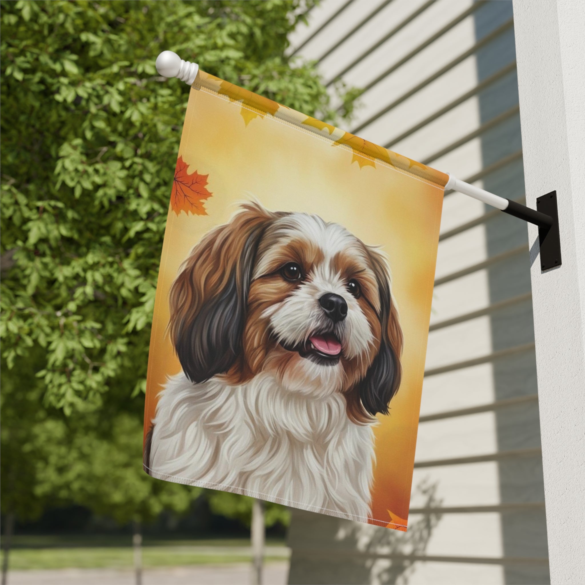 Fall Colors Shih Tzu Garden Flag - close-up detail - Dragonfire Gardens